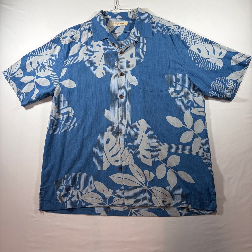 Tommy Bahama Mens Large Blue 100% Silk Tropical Monstera Leaf Camp Shirt L